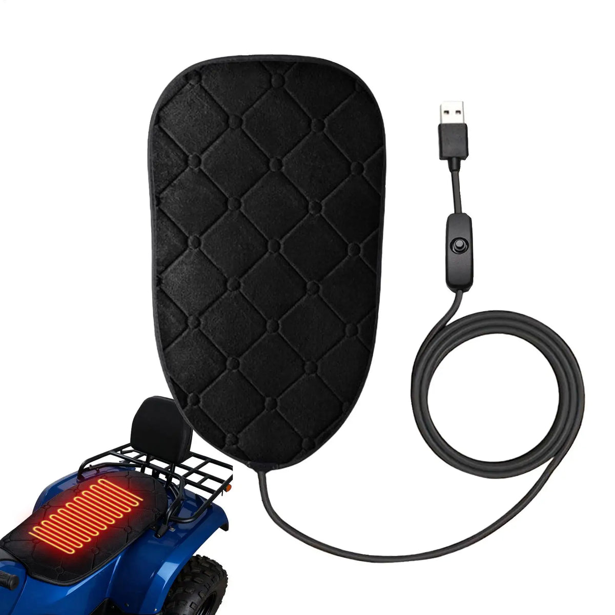 Black Heated Motorcycle Seat Pad and USB cable beside a blue ATV with a heating illustration