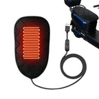 Heated Motorcycle Seat Pad collage showing USB cable, inline switch and installation on a blue scooter