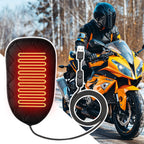 Heated Motorcycle Seat Pad heating illustration beside a yellow motorcycle and helmeted winter rider