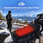 HighPeak black Heated Motorcycle Seat Pad on a motorcycle in a snowy setting, with a heating illustration.