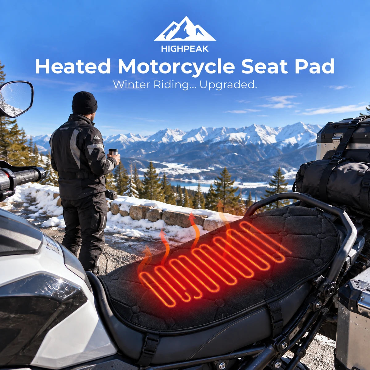 HighPeak black Heated Motorcycle Seat Pad on a motorcycle in a snowy setting, with a heating illustration.