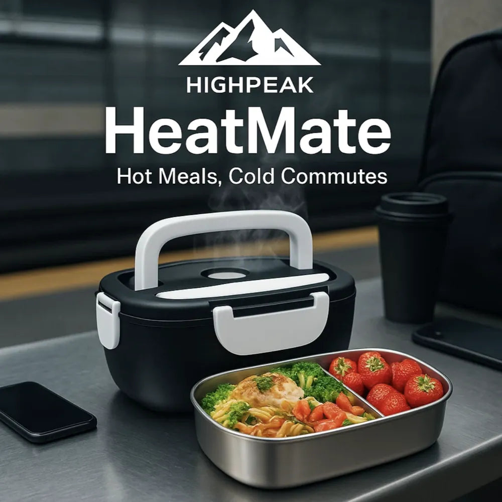 HighPeak HeatMate™ electric lunch box in black with steaming stainless steel tray and travel bag on table.