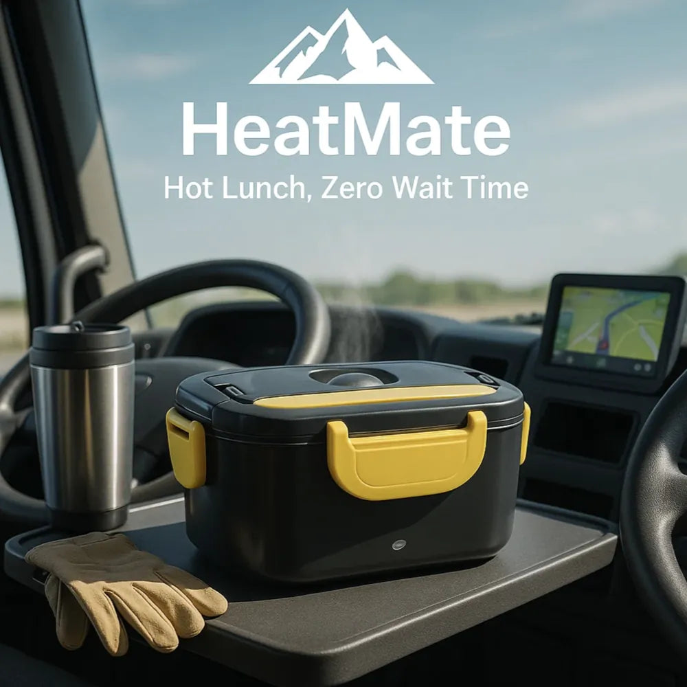 HeatMate™ electric lunch box in black and yellow on truck dashboard with travel mug and gloves, hot meals on-the-go