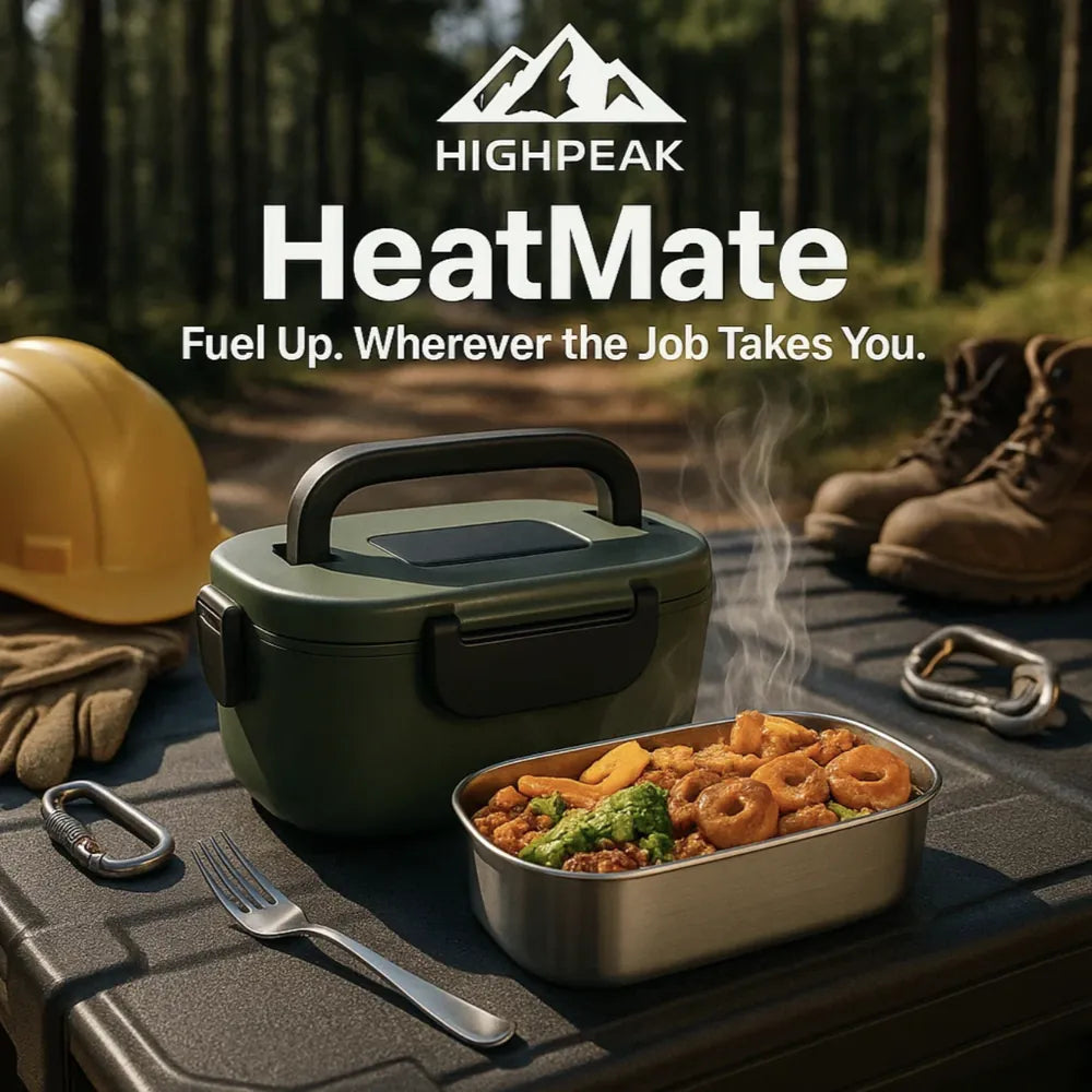 HighPeak HeatMate™ Electric Lunch Box in green with steaming meal, outdoor work setting, leakproof and portable design