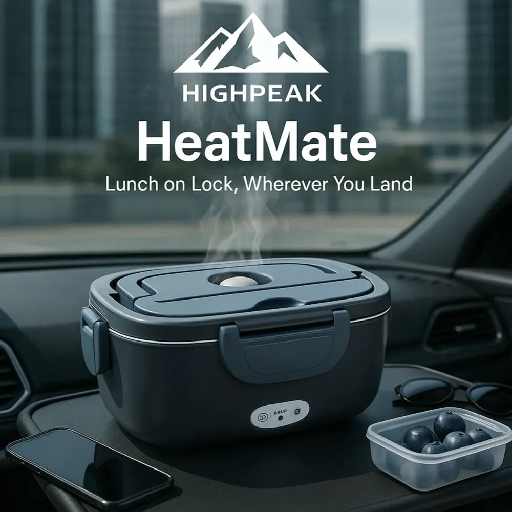 HighPeak HeatMate™ electric lunch box in black warming food inside a car dashboard with lunch and phone nearby