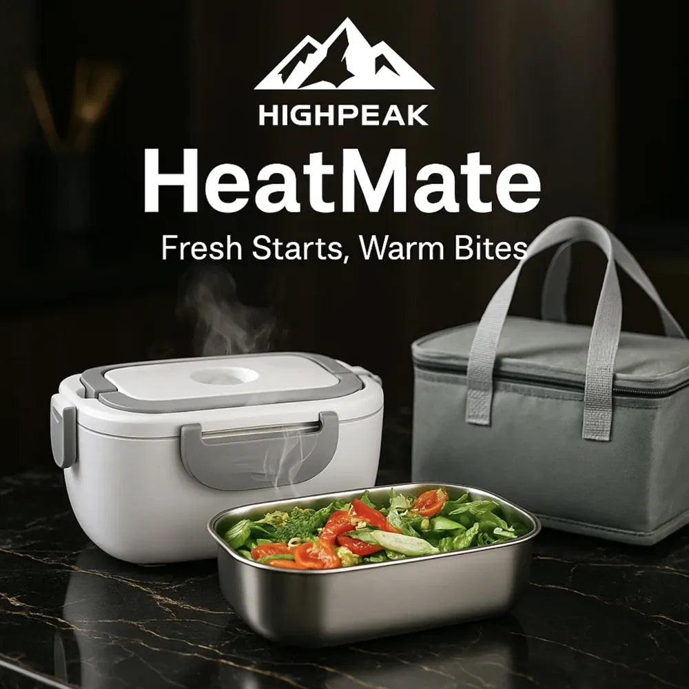 HighPeak HeatMate™ electric lunch box in white with steaming stainless steel tray and gray insulated travel bag on dark table