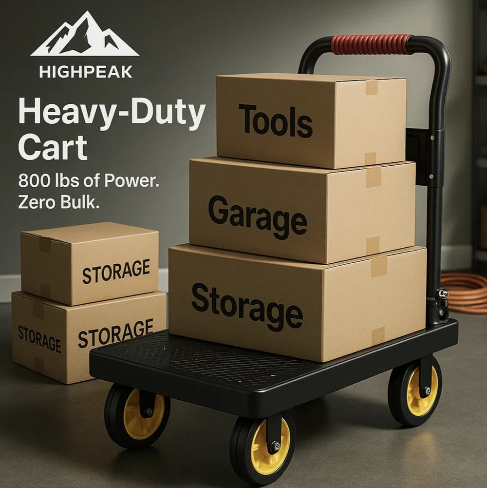HighPeak Heavy-Duty Folding Cart in black with yellow wheels carrying labeled storage and tools boxes in a garage setting