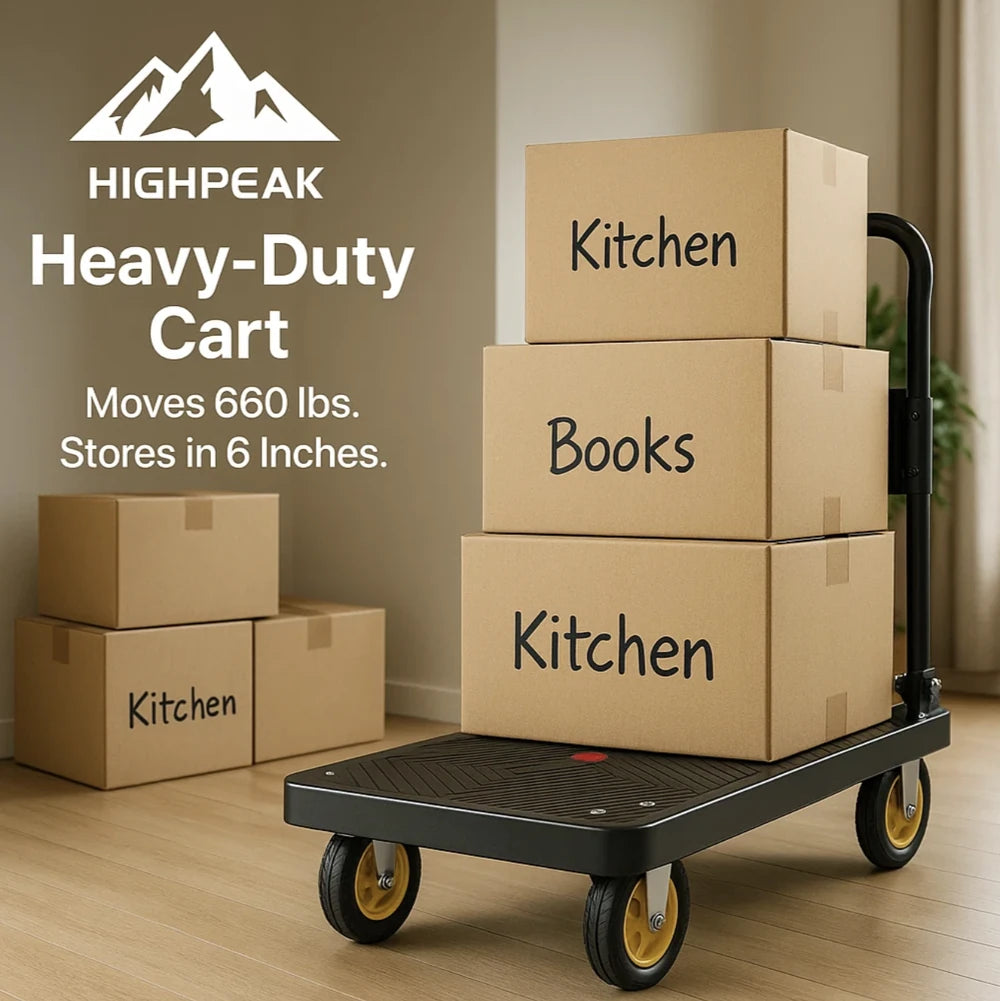 HighPeak Heavy-Duty Folding Cart in black with yellow wheels carrying labeled boxes in a modern home setting