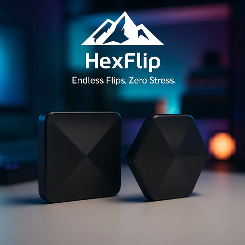 HighPeak HexFlip™ black metal fidget toys with square and hexagonal shapes on a modern desk setting