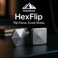 HighPeak HexFlip precision flipping toys in metal gray, hexagon and square shapes on black surface for focus and stress relief