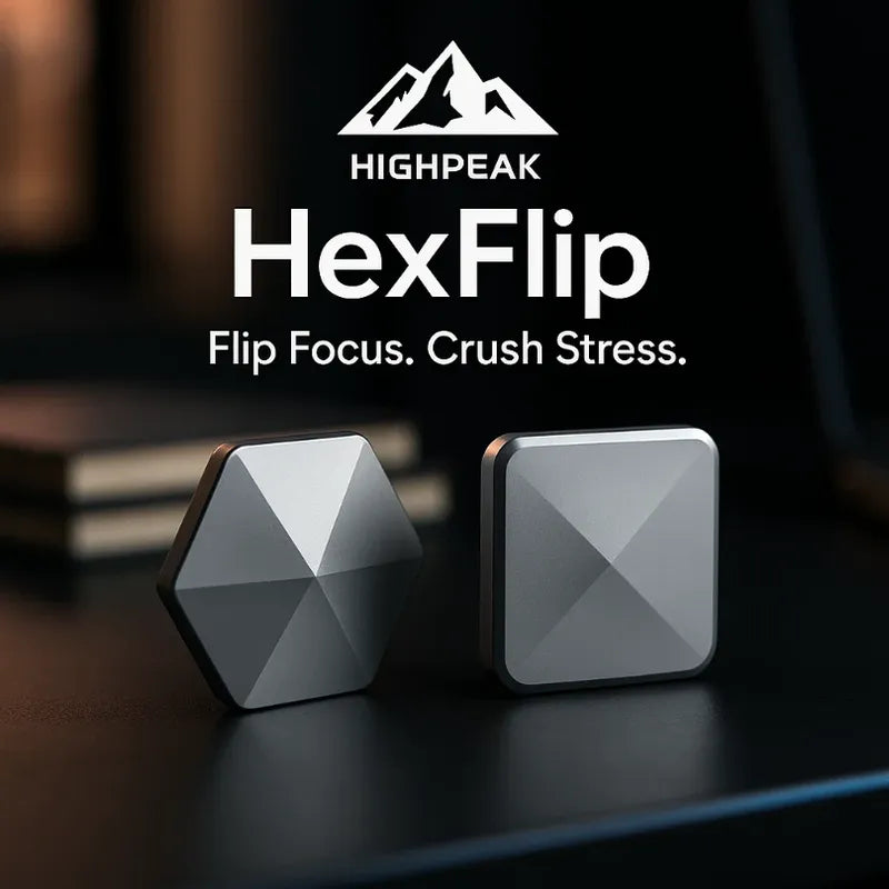 HighPeak HexFlip precision flipping toys in metal gray, hexagon and square shapes on black surface for focus and stress relief