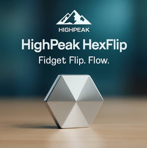 HighPeak HexFlip silver metal fidget toy on wood surface with blurred blue background for stress relief and focus