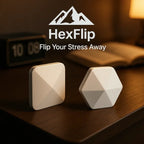 HighPeak HexFlip™ set in white, rectangular and hexagonal shapes on a wooden desk with warm lamp light