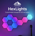 HighPeak HexLights customizable hexagonal LED panels in blue and pink glowing on a wall with a guitar nearby