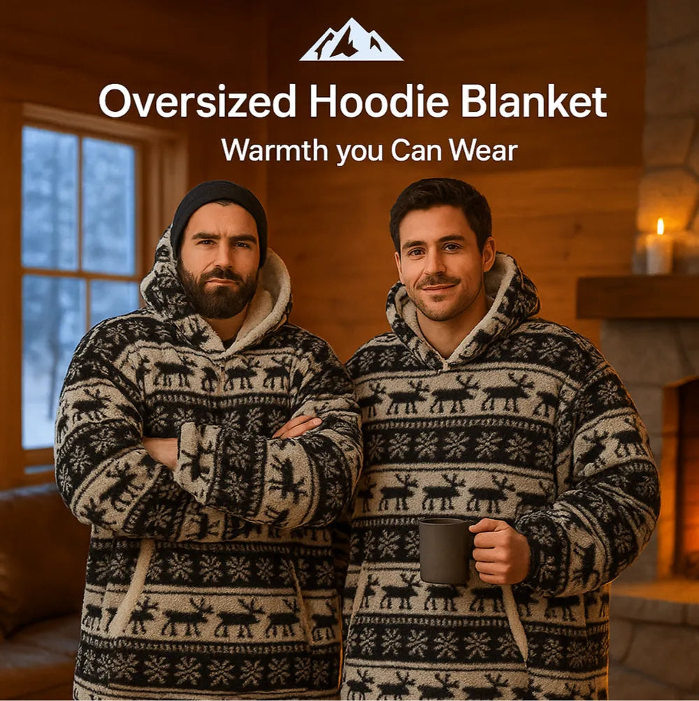 HighPeak Oversized Hoodie Blanket in black and white winter pattern worn by two men by a cozy fireplace indoors