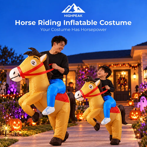 Two people wearing HighPeak inflatable horse riding costumes walk down a decorated holiday front yard at dusk. The costumes are bright yellow with blue legs and red reins, and the background features a house with warm lights and jack-o'-lanterns.