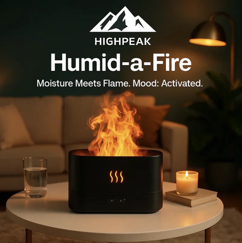 HighPeak Humid-a-Fire humidifier with LED flame effect on white table in cozy living room setting