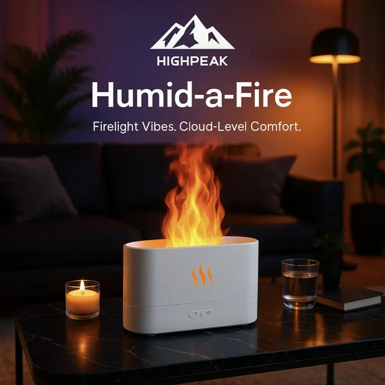 HighPeak Humid-a-Fire humidifier with LED flame effect on a black marble table in cozy living room setting