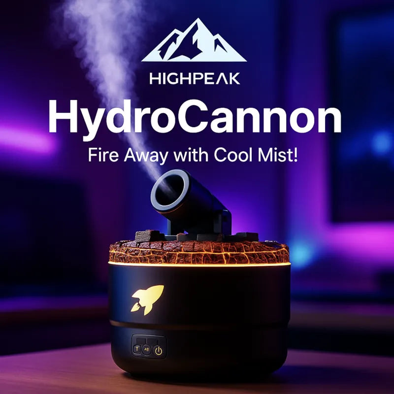 HighPeak HydroCannon humidifier in black with rocket design, launching cool mist in a dark, modern room setting.