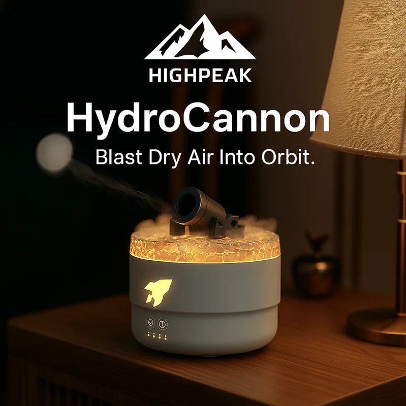 HighPeak HydroCannon humidifier with LED glow and jet-style nozzle blasting mist on a wooden desk near a lamp