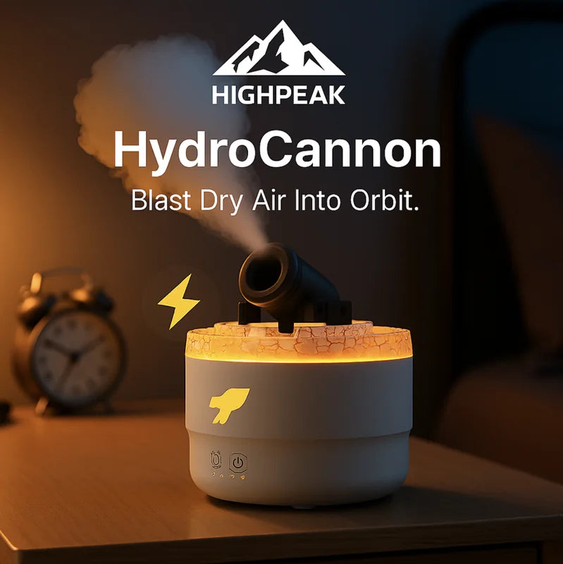 HighPeak HydroCannon humidifier in white with LED glow and mist cannon blasting dry air on a wooden nightstand