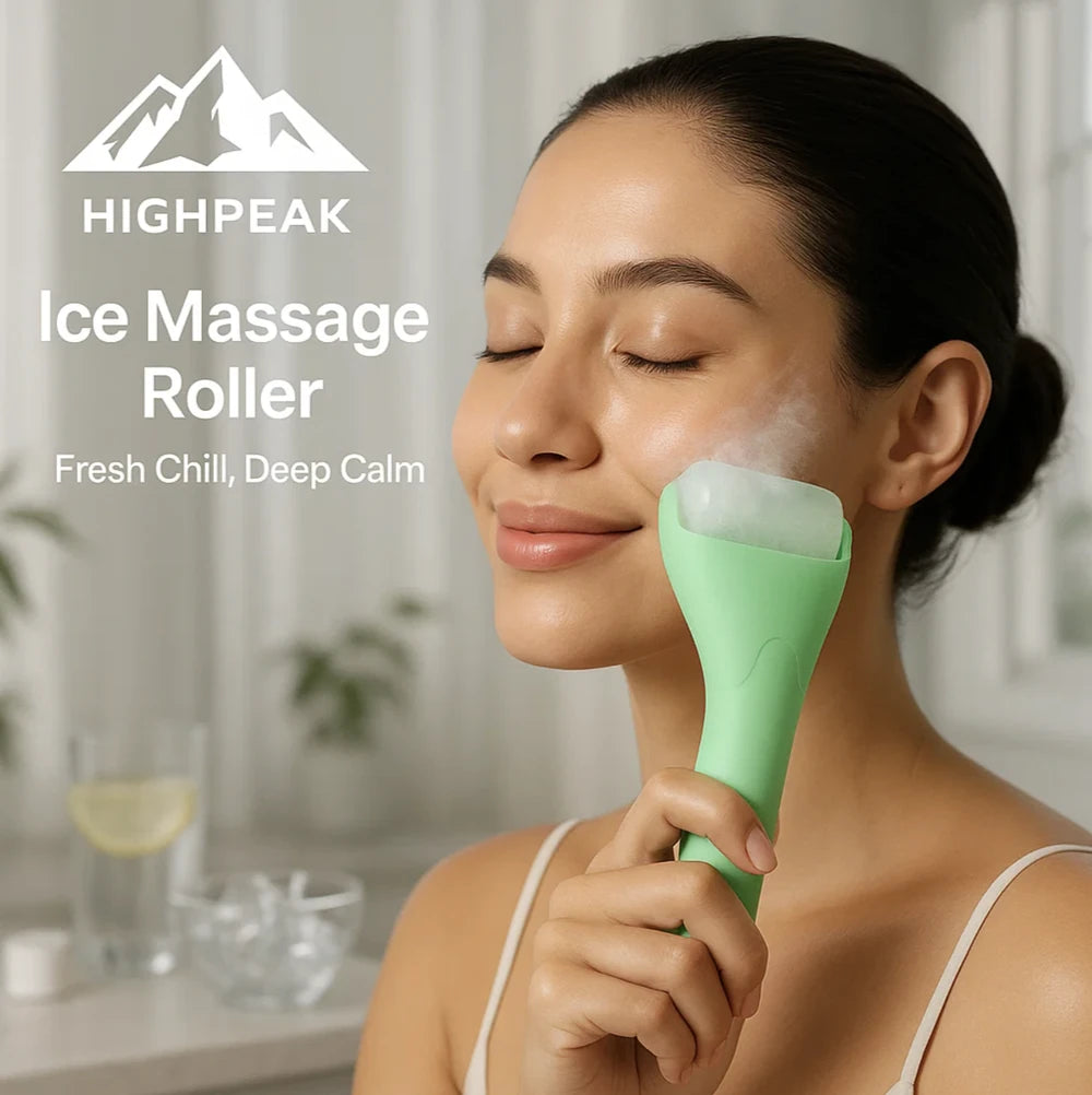 HighPeak Ice Roller for Face Lifting & Puffiness in green being gently rolled on woman's cheek for cooling and tightening.