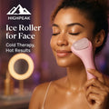 HighPeak Ice Roller for Face Lifting & Puffiness in pink held by woman using cold therapy for glowing skin