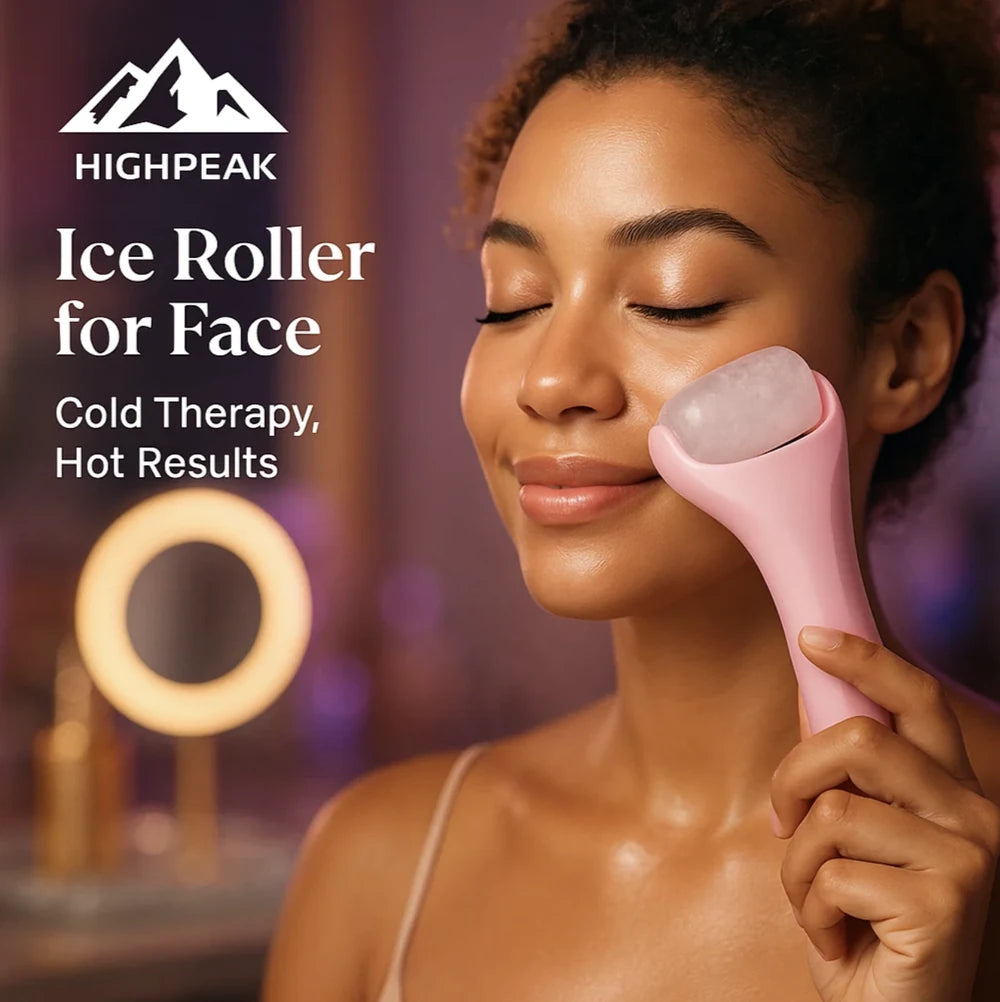HighPeak Ice Roller for Face Lifting & Puffiness in pink held by woman using cold therapy for glowing skin