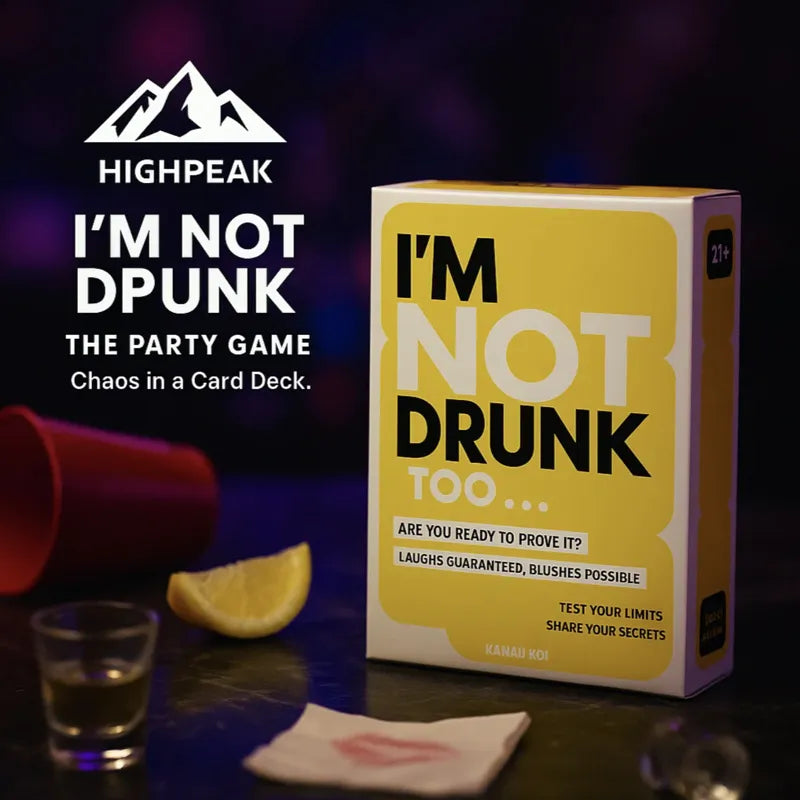 HighPeak I'm Not Drunk Party Game box in yellow on table with lemon wedge, shot glass, and red cup background