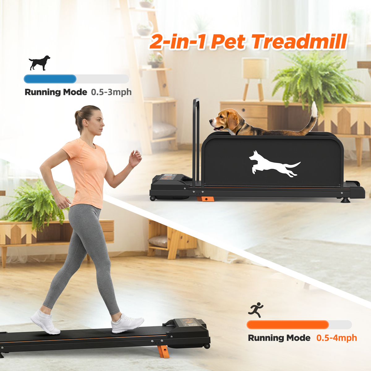 Indoor Dog Treadmill illustration showing dog mode and human walking mode with side panels removed
