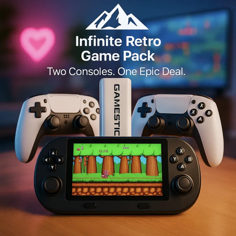 Infinite Retro Game Pack showing black handheld console with colorful game, two white controllers, and HighPeak GameStick on wooden table