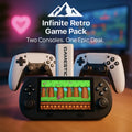 Infinite Retro Game Pack showing black handheld console with colorful game, two white controllers, and HighPeak GameStick on wooden table