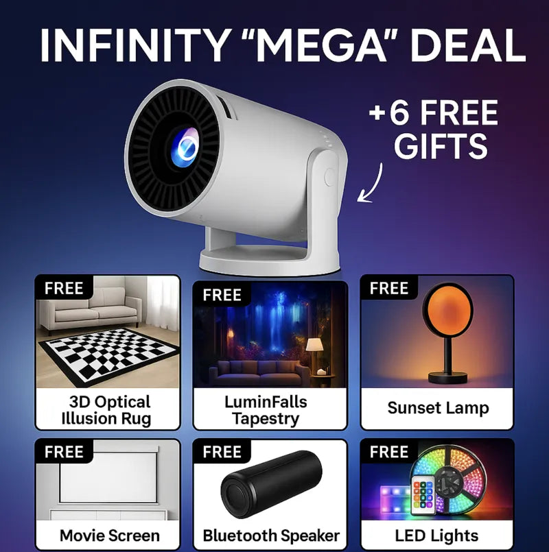 INFINITY Mega Deal bundle showing white projector with 6 free accessories - movie screen, LED lights, speaker, and decor items