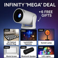 INFINITY Mega Deal bundle showing white projector with 6 free accessories - movie screen, LED lights, speaker, and decor items