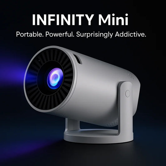 HighPeak Infinity MiniProjector™ in white with blue light beam, compact design emphasizing portable and powerful projection features.