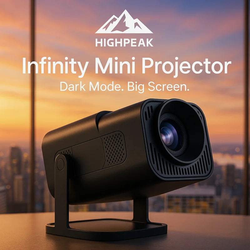 HighPeak Infinity Mini Projector in black with compact design on cityscape background showcasing VisionHack Projector Bundle.