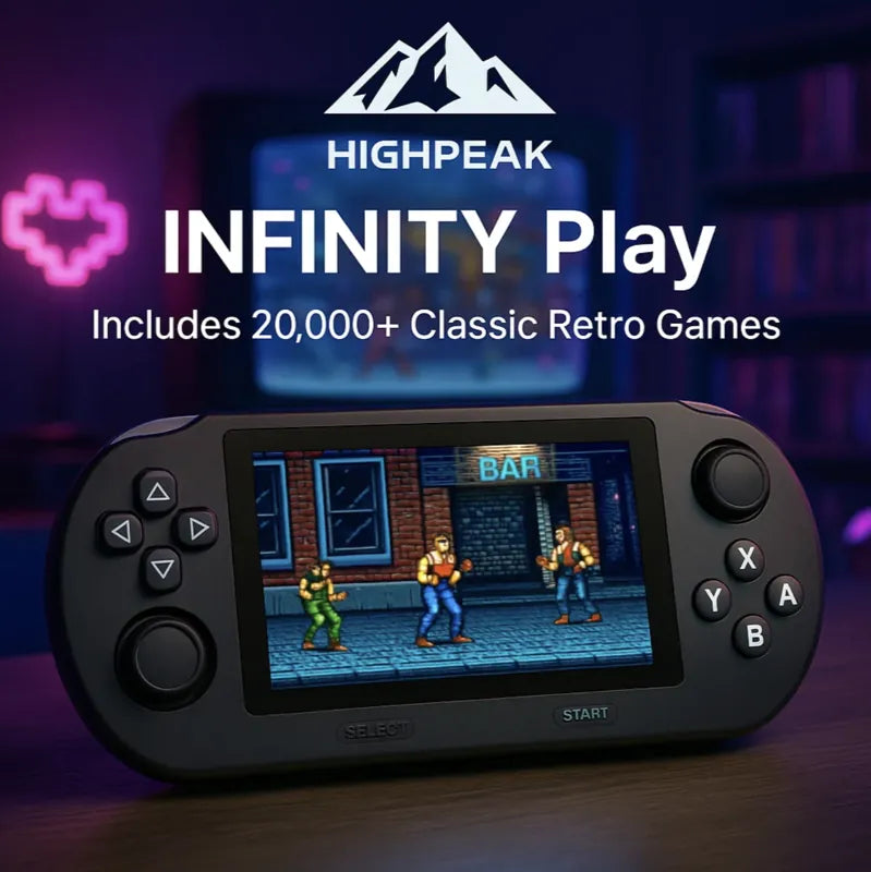HighPeak Infinity Play retro gaming handheld in black showing classic arcade game on built-in screen