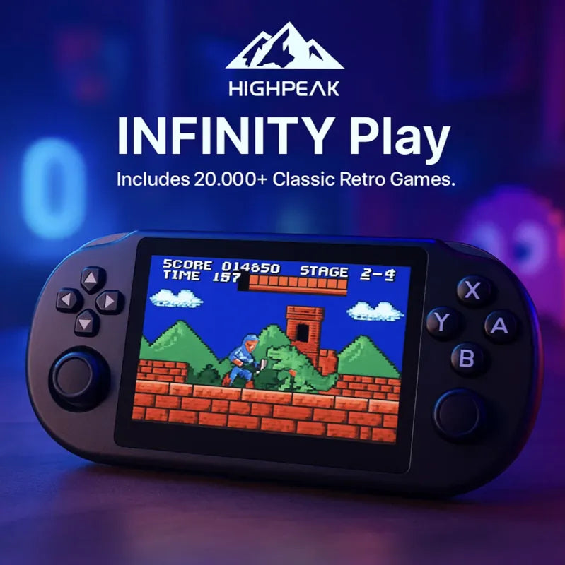 HighPeak INFINITY Play handheld retro gaming console in black with color screen showing classic game level.