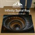 HighPeak Infinity Spiral™ 3D Optical Illusion Rug in black with swirling staircase design on wood floor under feet