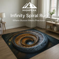 HighPeak Infinity Spiral™ 3D Optical Illusion Rug in black with swirling spiral design in modern living room setting