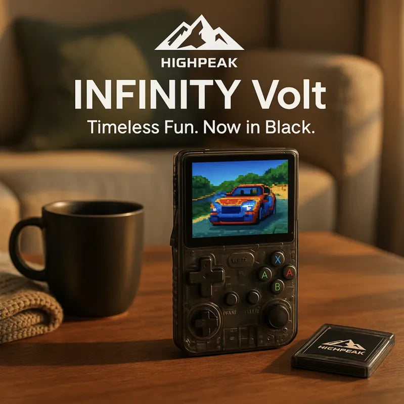 HighPeak INFINITY Volt handheld retro game console in black with transparent shell and colorful game display on wooden table