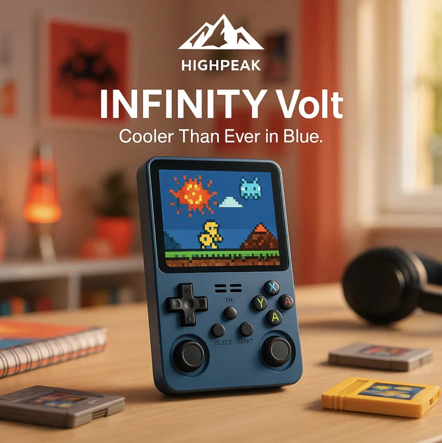 HighPeak INFINITY Volt handheld retro game console in blue with dual joysticks on a wooden desk playing pixel art game
