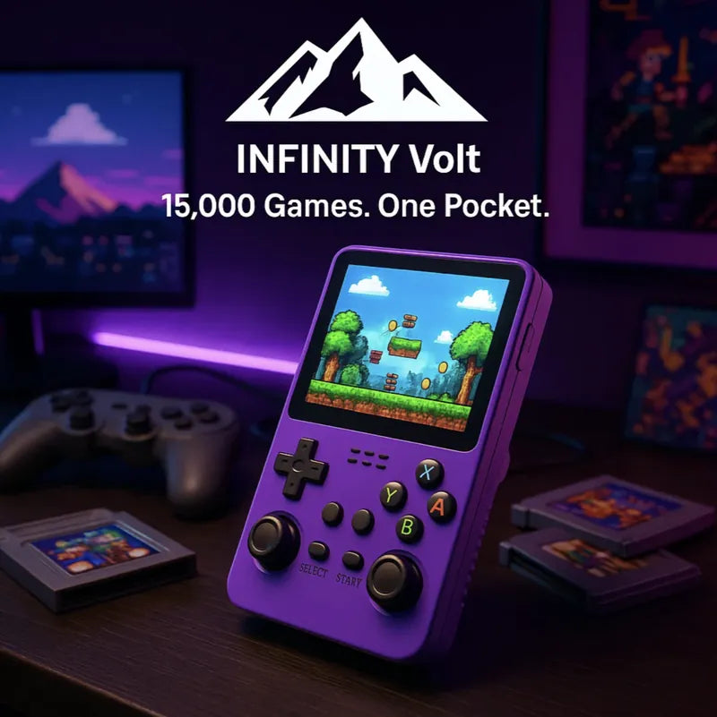 HighPeak INFINITY Volt handheld retro game console in purple with dual joysticks and colorful 3.5” screen playing classic game