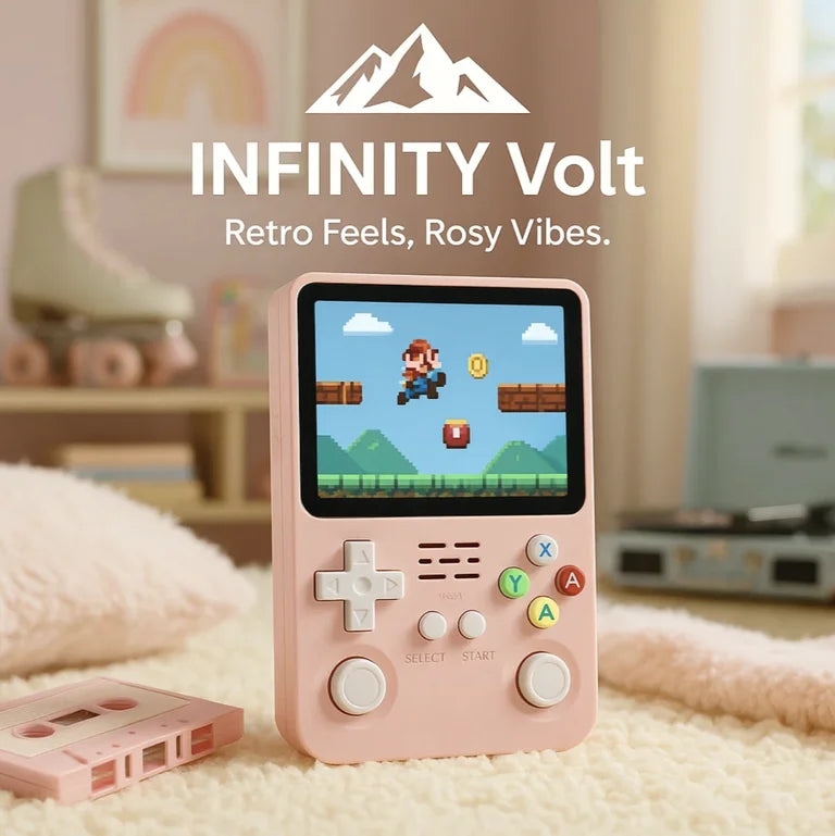 INFINITY Volt handheld retro game console in pink with dual joysticks and colorful buttons on cozy bed scene HighPeak