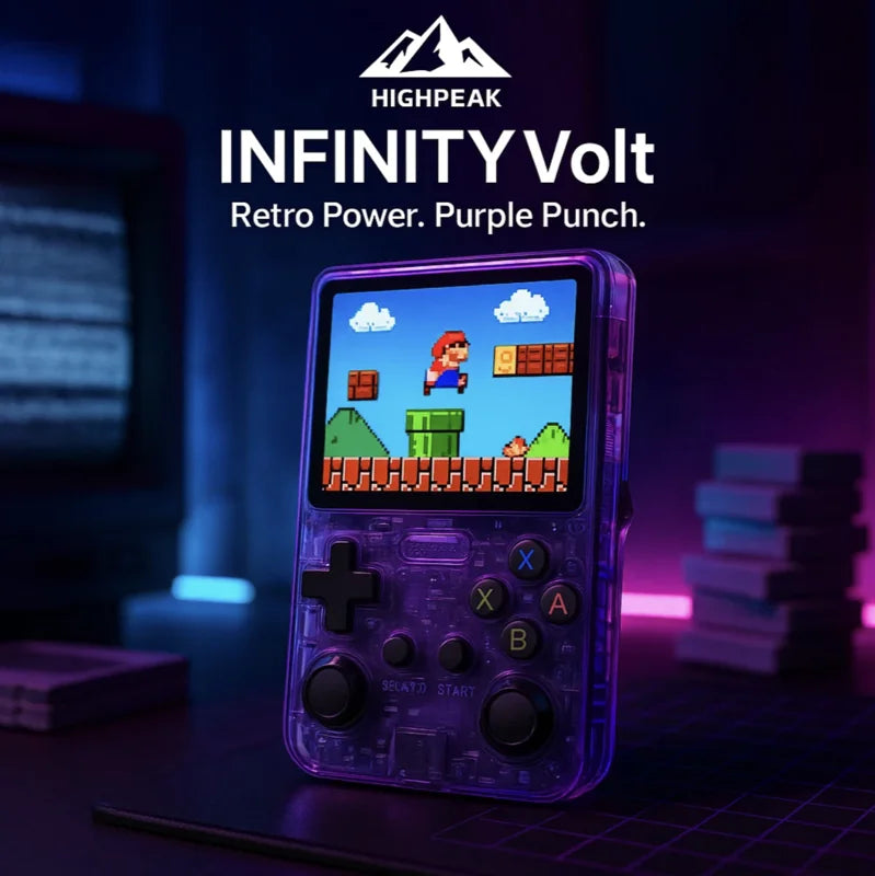 HighPeak INFINITY Volt handheld retro game console in transparent purple with dual joysticks and 3.5-inch IPS display