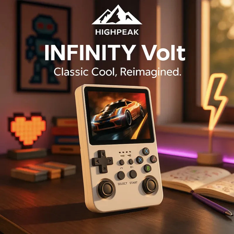 HighPeak INFINITY Volt handheld retro game console in white with dual joysticks on a wooden desk.