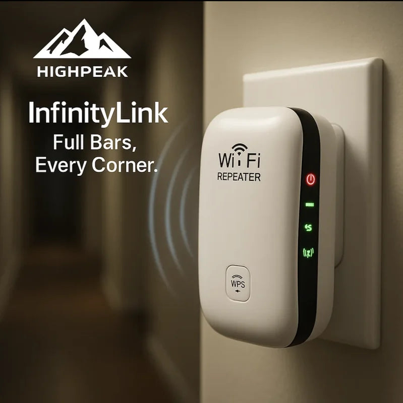 HighPeak InfinityLink WiFi repeater plugged into wall outlet with signal lights on in dim hallway setting