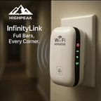 HighPeak InfinityLink WiFi repeater plugged into wall outlet with signal lights on in dim hallway setting