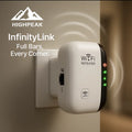 HighPeak InfinityLink WiFi repeater plugged into wall outlet with LED signal lights glowing green