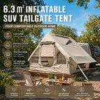 Khaki Inflatable Car Camping Tent at a wooded campsite, showing the doorway and side canopy